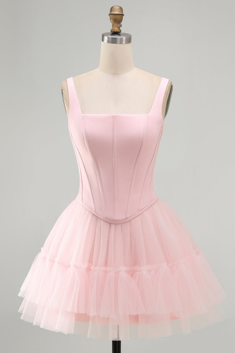 Load image into Gallery viewer, Pink A Line Corset Short Thick Straps Graduation Dress with Ruffles