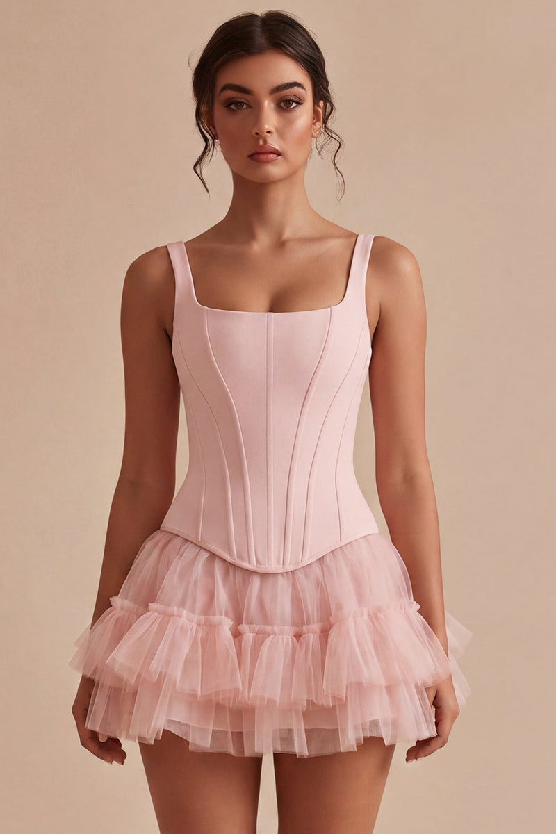 Load image into Gallery viewer, Pink A Line Corset Short Thick Straps Graduation Dress with Ruffles