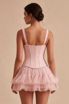 Pink A Line Corset Short Thick Straps Graduation Dress with Ruffles
