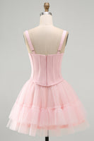 Load image into Gallery viewer, Pink A Line Corset Short Thick Straps Graduation Dress with Ruffles