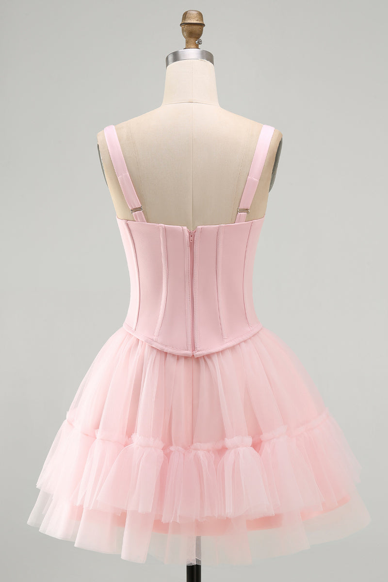 Load image into Gallery viewer, Pink A Line Corset Short Thick Straps Graduation Dress with Ruffles