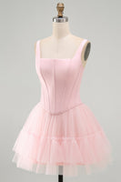 Load image into Gallery viewer, Pink A Line Corset Short Thick Straps Graduation Dress with Ruffles