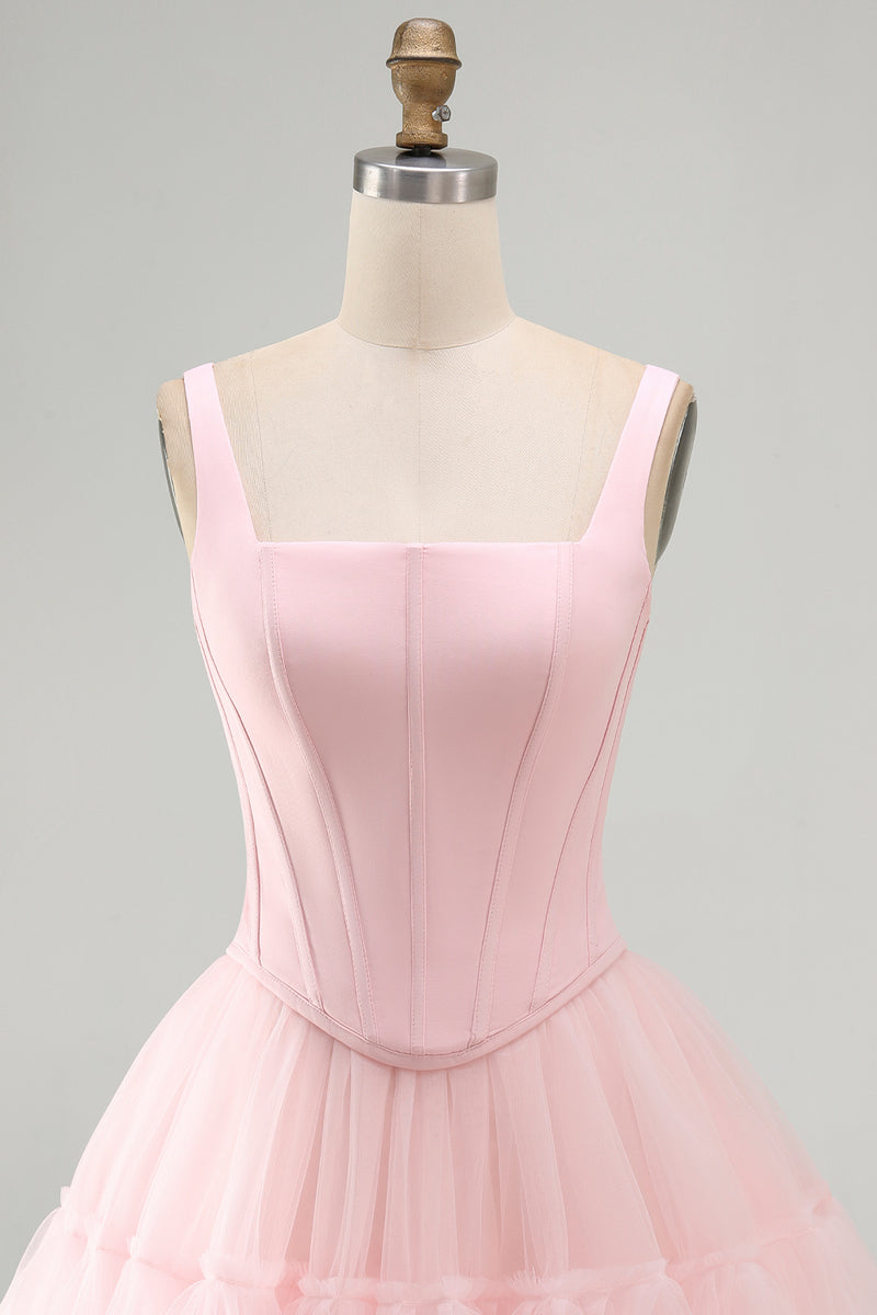 Load image into Gallery viewer, Pink A Line Corset Short Thick Straps Graduation Dress with Ruffles