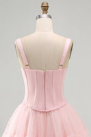 Load image into Gallery viewer, Pink A Line Corset Short Thick Straps Graduation Dress with Ruffles
