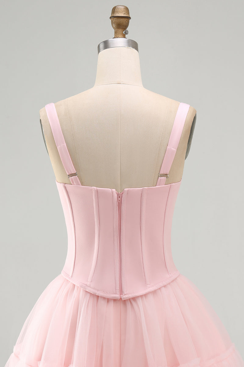 Load image into Gallery viewer, Pink A Line Corset Short Thick Straps Graduation Dress with Ruffles