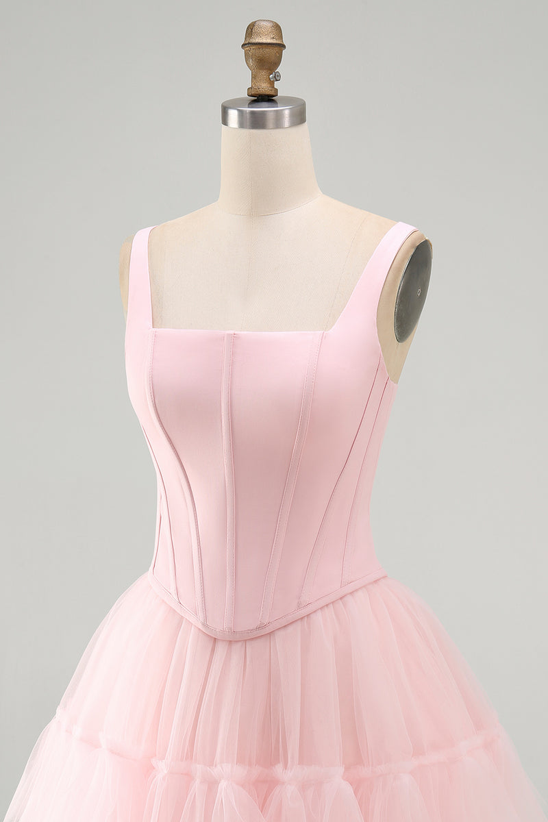 Load image into Gallery viewer, Pink A Line Corset Short Thick Straps Graduation Dress with Ruffles