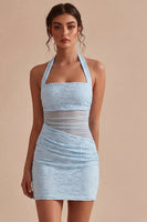 Load image into Gallery viewer, Sky Blue Tight Short Halter Lace Floral Backless Ruched Graduation Dress