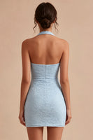 Load image into Gallery viewer, Sky Blue Tight Short Halter Lace Floral Backless Ruched Graduation Dress