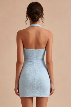Sky Blue Tight Short Halter Lace Floral Backless Ruched Graduation Dress