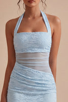 Load image into Gallery viewer, Sky Blue Tight Short Halter Lace Floral Backless Ruched Graduation Dress