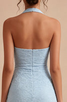 Load image into Gallery viewer, Sky Blue Tight Short Halter Lace Floral Backless Ruched Graduation Dress