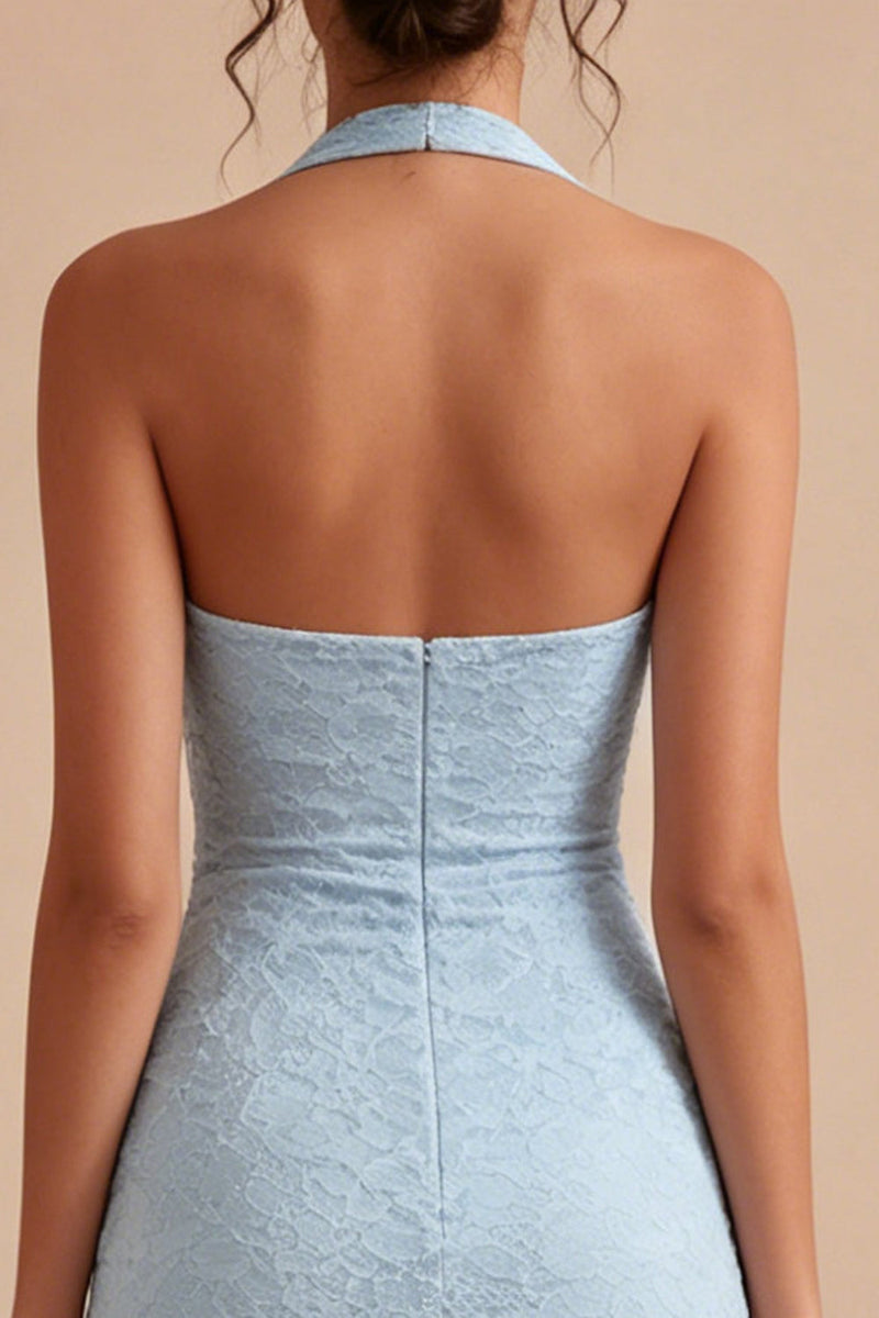 Load image into Gallery viewer, Sky Blue Tight Short Halter Lace Floral Backless Ruched Graduation Dress