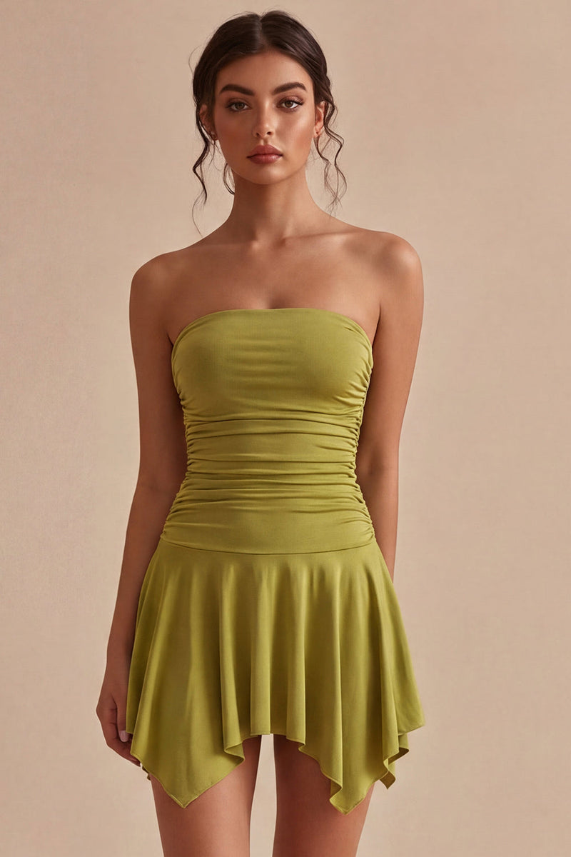 Load image into Gallery viewer, Olive Strapless Ruched Asymmetrical A Line Graduation Dress