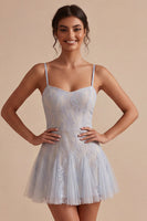 Load image into Gallery viewer, Floral Grey Blue Short Spaghetti Straps A Line Graduation Dress