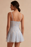 Load image into Gallery viewer, Floral Grey Blue Short Spaghetti Straps A Line Graduation Dress