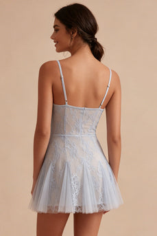 Floral Grey Blue Short Spaghetti Straps A Line Graduation Dress