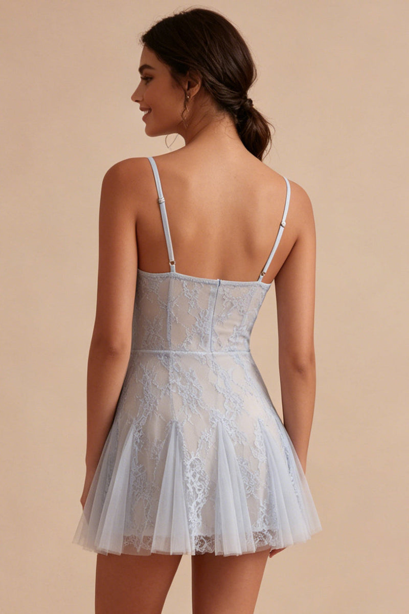 Load image into Gallery viewer, Floral Grey Blue Short Spaghetti Straps A Line Graduation Dress