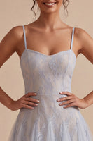 Load image into Gallery viewer, Floral Grey Blue Short Spaghetti Straps A Line Graduation Dress