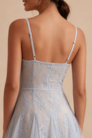 Load image into Gallery viewer, Floral Grey Blue Short Spaghetti Straps A Line Graduation Dress