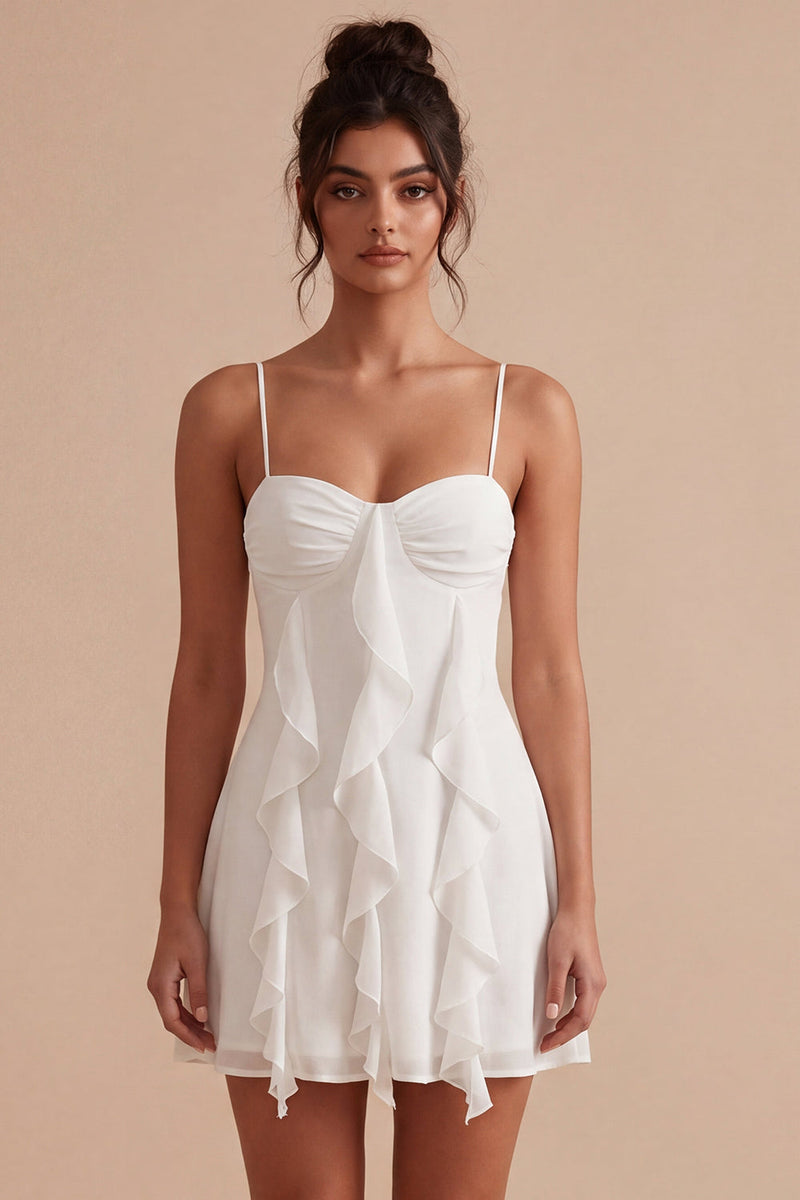 Load image into Gallery viewer, Spaghetti Straps Short White A Line Graduation Dress with Ruffles