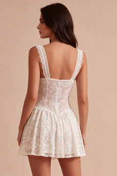 Floral Lace White Thick Straps Short A Line Graduation Dress
