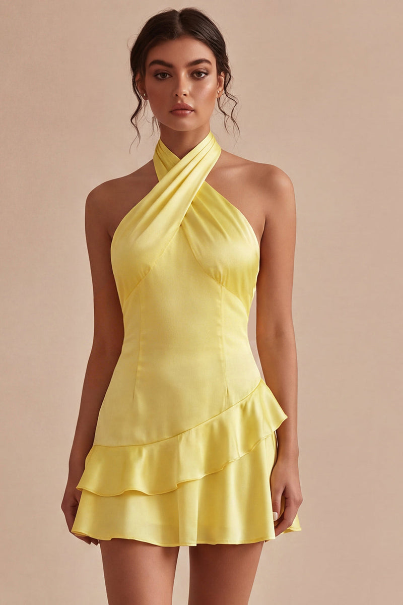 Load image into Gallery viewer, A Line Short Halter Daffodil Backless Graduation Dress with Ruffles
