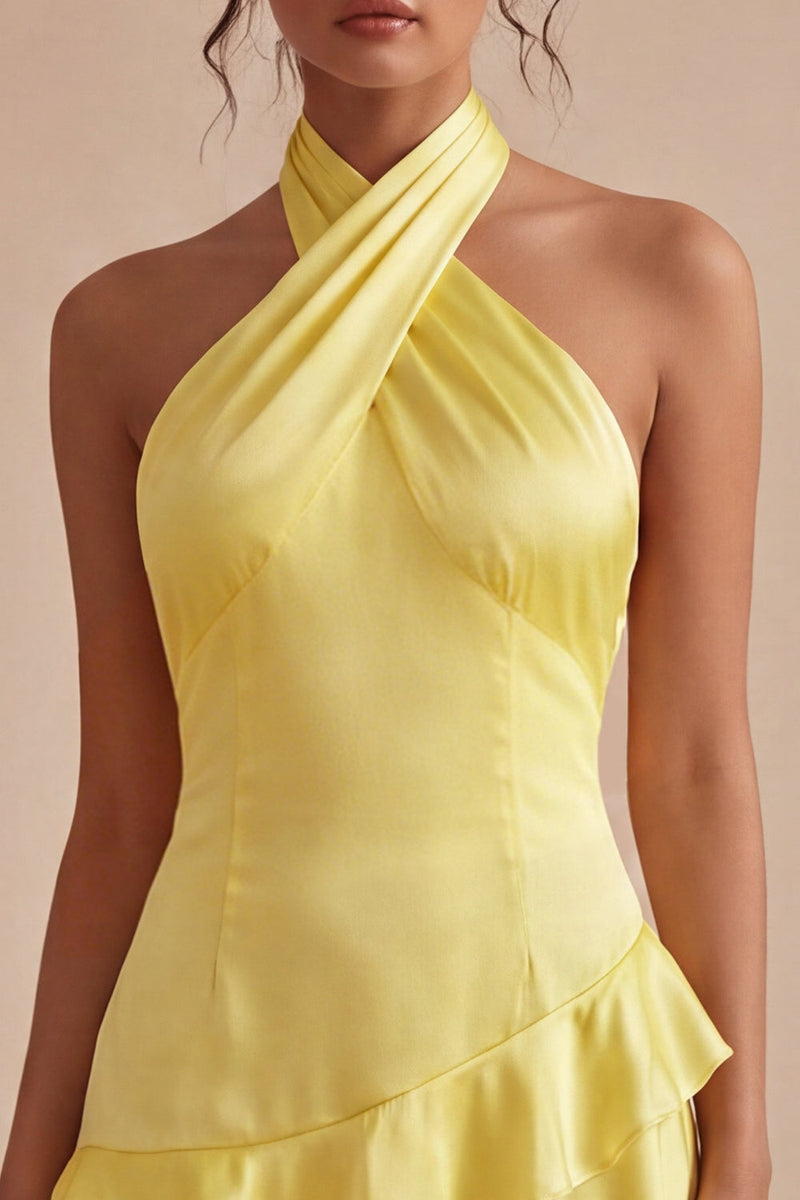 Load image into Gallery viewer, A Line Short Halter Daffodil Backless Graduation Dress with Ruffles