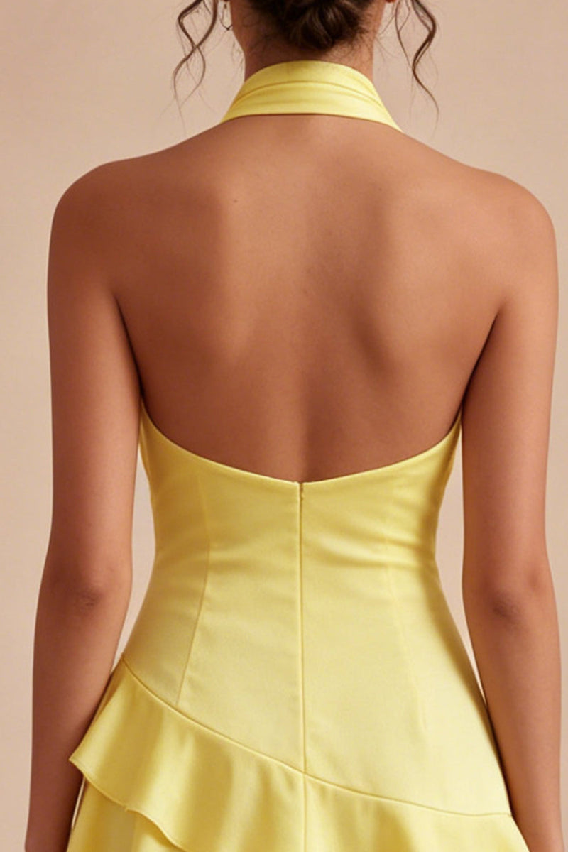 Load image into Gallery viewer, A Line Short Halter Daffodil Backless Graduation Dress with Ruffles