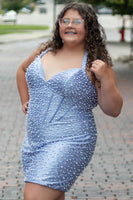 Load image into Gallery viewer, Sparkly Pink Tight Halter Short Corset Cocktail Dress with Pearls