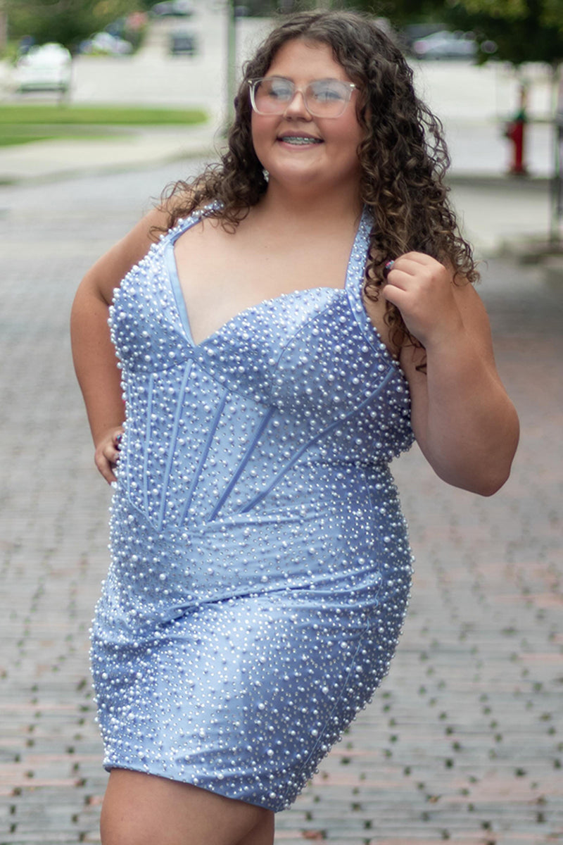 Load image into Gallery viewer, Sparkly Pink Tight Halter Short Corset Cocktail Dress with Pearls
