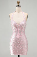 Load image into Gallery viewer, Sparkly Pink Beaded Tight Halter Corset Mini Cocktail Dress with Pearls