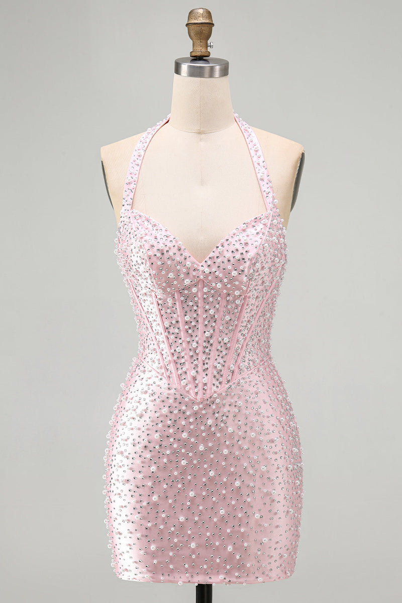 Load image into Gallery viewer, Sparkly Pink Beaded Tight Halter Corset Mini Cocktail Dress with Pearls