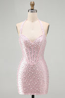 Load image into Gallery viewer, Sparkly Black Halter Tight Short Corset Cocktail Dress with Pearls