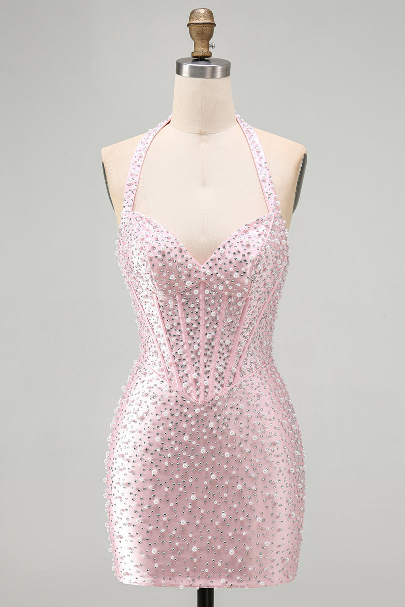 Load image into Gallery viewer, Sparkly Black Halter Tight Short Corset Cocktail Dress with Pearls