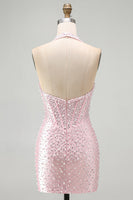 Load image into Gallery viewer, Sparkly Pink Beaded Tight Halter Corset Mini Cocktail Dress with Pearls
