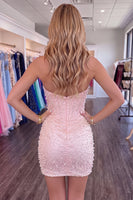 Load image into Gallery viewer, Sparkly Black Halter Tight Short Corset Cocktail Dress with Pearls
