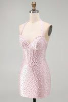 Load image into Gallery viewer, Sparkly Black Halter Tight Short Corset Cocktail Dress with Pearls