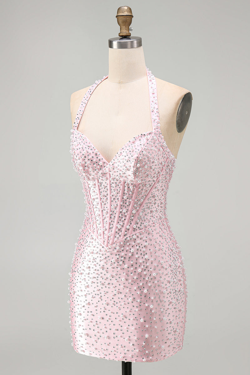 Load image into Gallery viewer, Sparkly Black Halter Tight Short Corset Cocktail Dress with Pearls