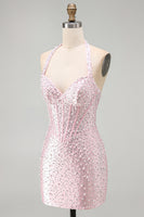 Load image into Gallery viewer, Sparkly Pink Beaded Tight Halter Corset Mini Cocktail Dress with Pearls