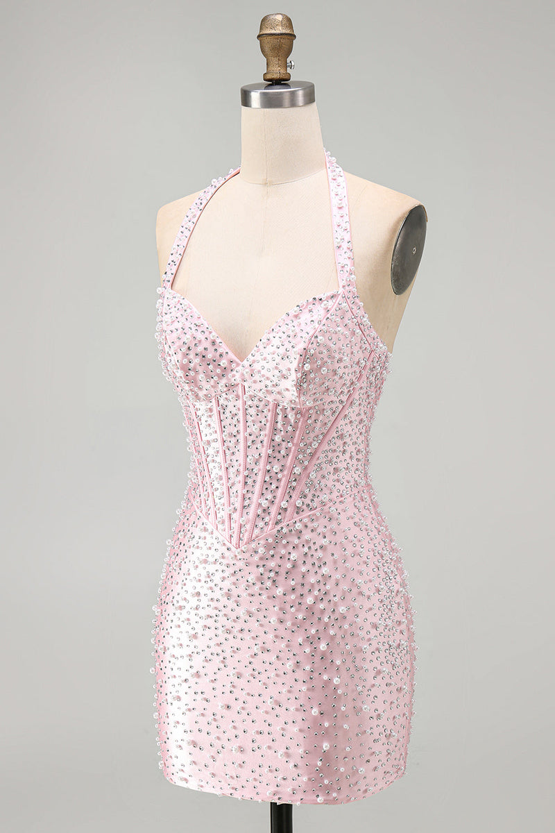 Load image into Gallery viewer, Sparkly Pink Beaded Tight Halter Corset Mini Cocktail Dress with Pearls
