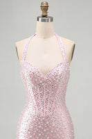 Load image into Gallery viewer, Sparkly Pink Beaded Tight Halter Corset Mini Cocktail Dress with Pearls
