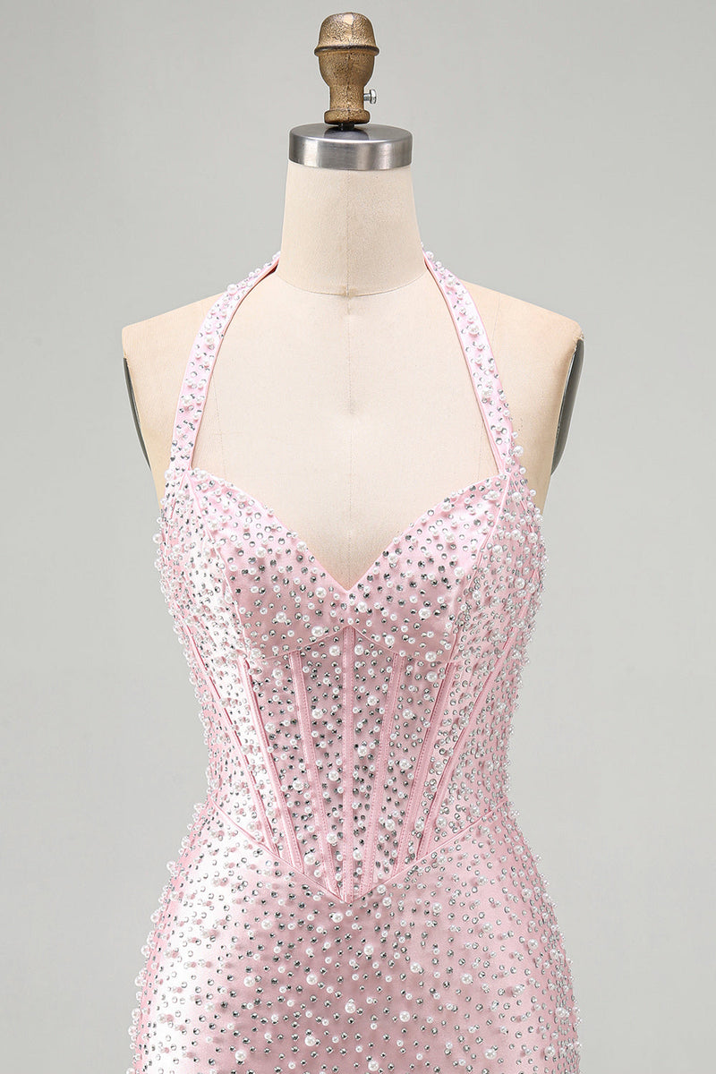 Load image into Gallery viewer, Sparkly Pink Beaded Tight Halter Corset Mini Cocktail Dress with Pearls