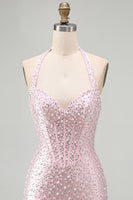 Load image into Gallery viewer, Sparkly Black Halter Tight Short Corset Cocktail Dress with Pearls