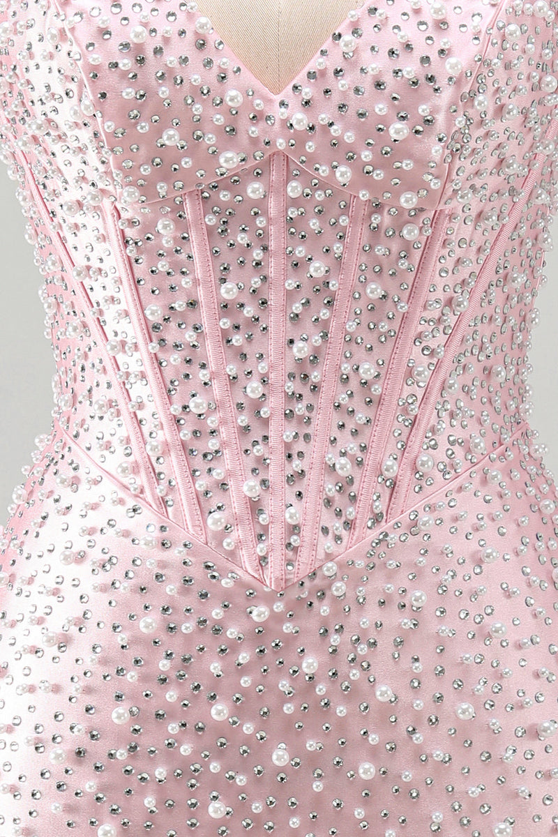 Load image into Gallery viewer, Sparkly Pink Beaded Tight Halter Corset Mini Cocktail Dress with Pearls