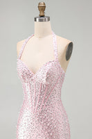 Load image into Gallery viewer, Sparkly Pink Beaded Tight Halter Corset Mini Cocktail Dress with Pearls