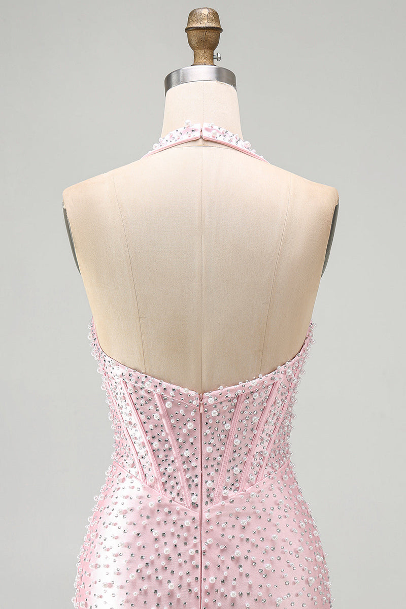 Load image into Gallery viewer, Sparkly Pink Beaded Tight Halter Corset Mini Cocktail Dress with Pearls