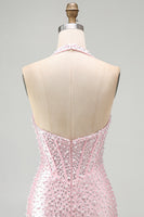Load image into Gallery viewer, Sparkly Black Halter Tight Short Corset Cocktail Dress with Pearls