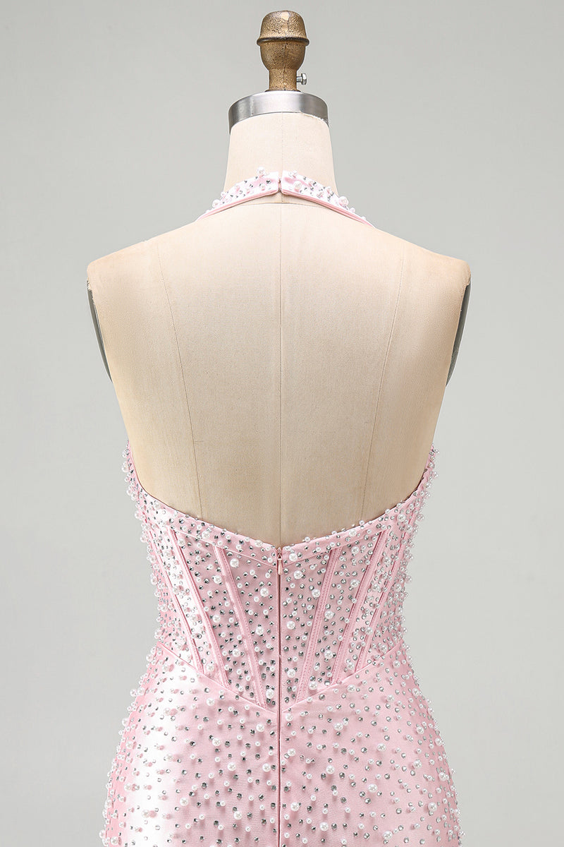 Load image into Gallery viewer, Sparkly Black Halter Tight Short Corset Cocktail Dress with Pearls
