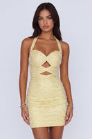 Load image into Gallery viewer, Sparkly Butter Yellow Halter Keyhole Tight Short Cocktail Dress with Pearls