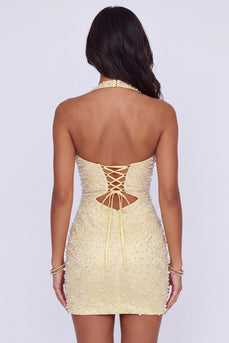 Sparkly Butter Yellow Halter Keyhole Tight Short Cocktail Dress with Pearls